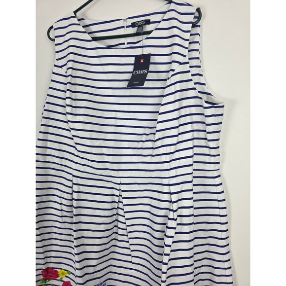 Chaps Cottage Core Midi Dress 20 Womens Plus Size White Blue Striped Floral NWT - Picture 2 of 5